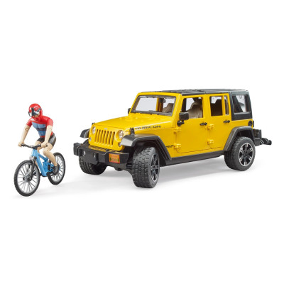 Žaislinis BRUDER visureigis Jeep Wrangler Rubicon Unlimited ir dviratininkas su kalnų dviračiu 02543