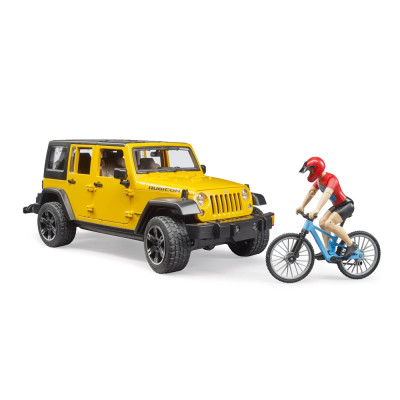 Žaislinis BRUDER visureigis Jeep Wrangler Rubicon Unlimited ir dviratininkas su kalnų dviračiu 02543