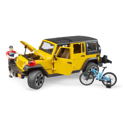 Žaislinis BRUDER visureigis Jeep Wrangler Rubicon Unlimited ir dviratininkas su kalnų dviračiu 02543