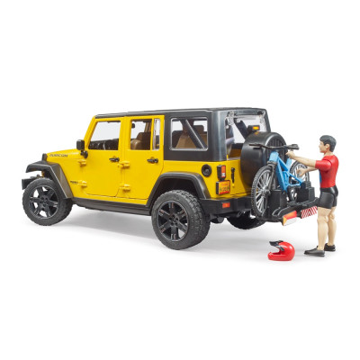 Žaislinis BRUDER visureigis Jeep Wrangler Rubicon Unlimited ir dviratininkas su kalnų dviračiu 02543