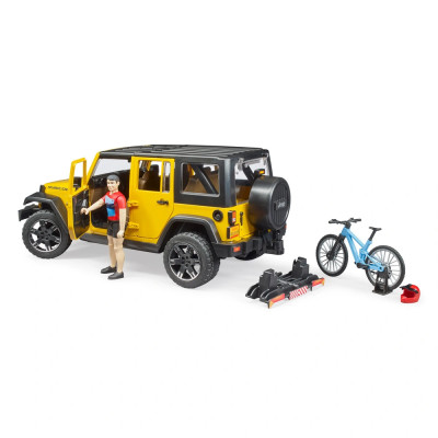 Žaislinis BRUDER visureigis Jeep Wrangler Rubicon Unlimited ir dviratininkas su kalnų dviračiu 02543