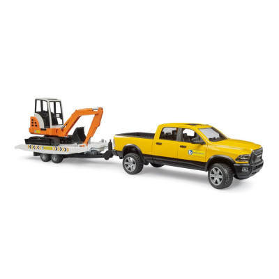 Žaislinis BRUDER automobilis Dodge RAM su priekaba ir ekskavatorium 02546