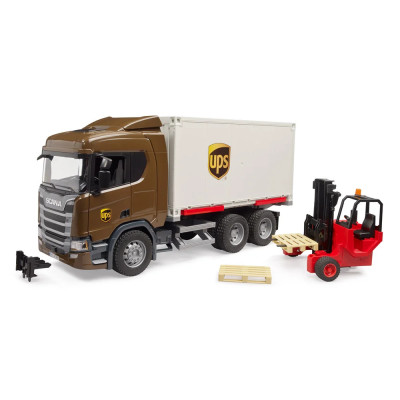 Žaislinis BRUDER UPS siuntų sunkvežimis su krautuvu Scania Super 560R 03582