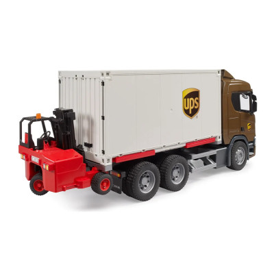 Žaislinis BRUDER UPS siuntų sunkvežimis su krautuvu Scania Super 560R 03582