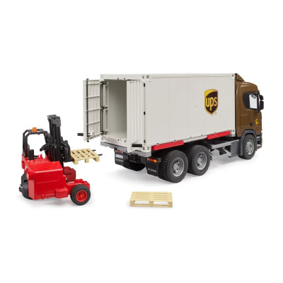 Žaislinis BRUDER UPS siuntų sunkvežimis su krautuvu Scania Super 560R 03582