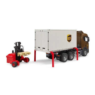 Žaislinis BRUDER UPS siuntų sunkvežimis su krautuvu Scania Super 560R 03582