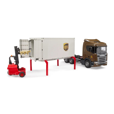 Žaislinis BRUDER UPS siuntų sunkvežimis su krautuvu Scania Super 560R 03582
